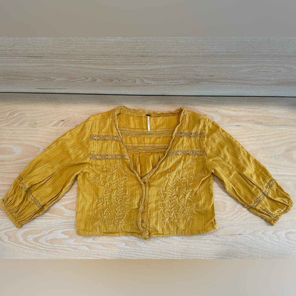 Free People mustard embroidered top XS